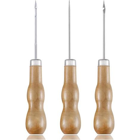 CCYKXA Leather Awl Punch, 3 Pieces Round Leather Sewing Machine Punch with Handle, Sewing Awl, Leather Awl with Wooden Handle DIY Sewing Tool Leather Craft Sewing Awl Leather Sewing Tool (1/5)
