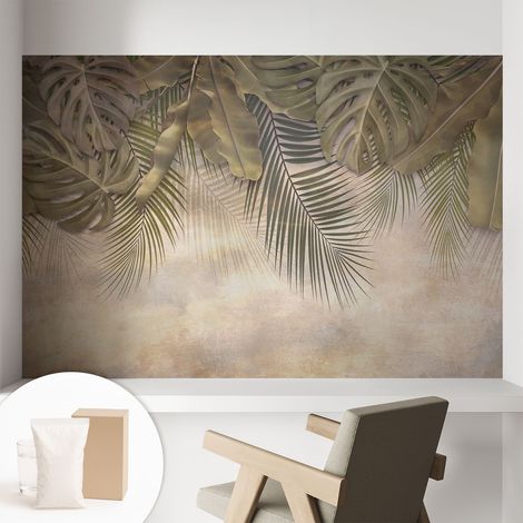 Papier peint intissé décoratif avec colle pour salon chambre et bureau Installation rapide Feuilles tropicales 104x70 cm (1/5)