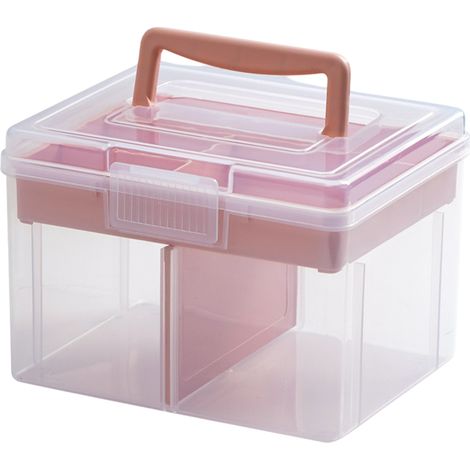 Boîte de rangement multifonctionnelle pour service,portable et à double compartiment transparent.Petite boîte de rangement rose (1/5)