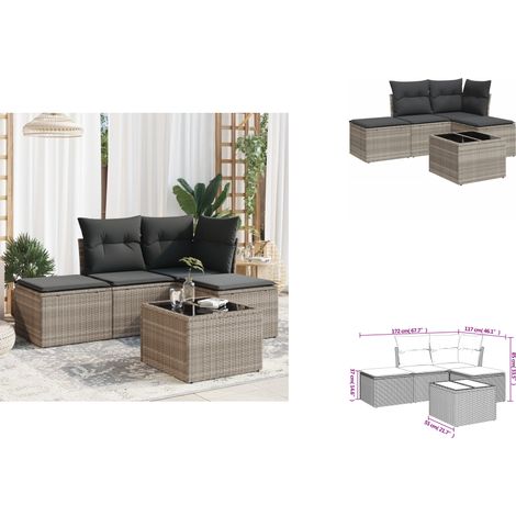 5-tlg. Garten-Sofagarnitur mit Kissen Hellgrau Poly Rattan - Gartenmöbel Set - PE-Rattan Möbel - Outdoor Sofa - Esstisch - Gartenhocker (1/3)