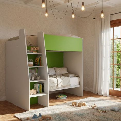 Letto a castello salvaspazio con scaletta frontale - Montaggio facile - Bianco e Verde Mela
