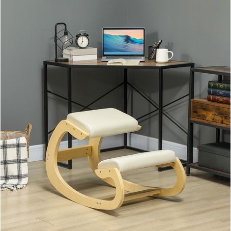 CHICFURN Silla ergonómica de rodillas 55 x 85 x 55 cm de madera blanco crema para home office (1/5)