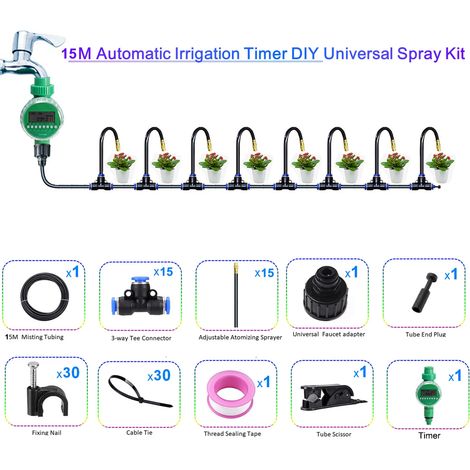 Kit de pulvérisation universel flexible (15 m avec minuterie) avec buses réglables en cuivre jaune de 20 cm pour l'arrosage du jardin et la brumisation. (1/5)