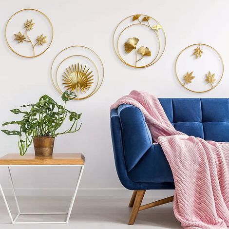 3D Metal Wall Decor, 4 Pieces Golden Round Metal Iron Sculptures Ginkgo Leaves Decorations Round Wall Decor Wall Hanging for Home Office Living Room Hotel (1/5)