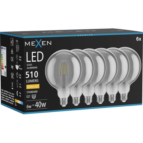 Mexen Vintis 6x Ampoule filament LED E27, G125, 6W, Chaude - 2700K, 510 lm, fumée - L158-E27-0627-70x06 (1/5)