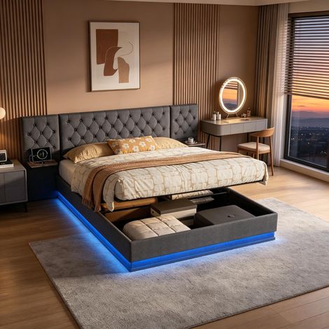 Lit coffre 160x200,lit 160x200 avec grande tête de lit,sommier à lattes,LED,USB,lit double capitonné,lit adulte,lit 2 personnes,tissu en lin,Gris (1/5)