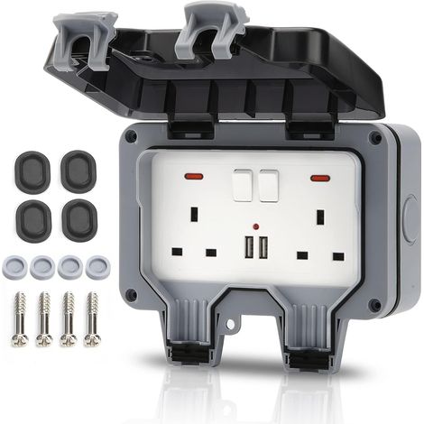 Outdoor Socket IP66 Weatherproof Wall Electrical Outlets 2 Gang Switched with USB Charging Port with Installation Tool (1/5)