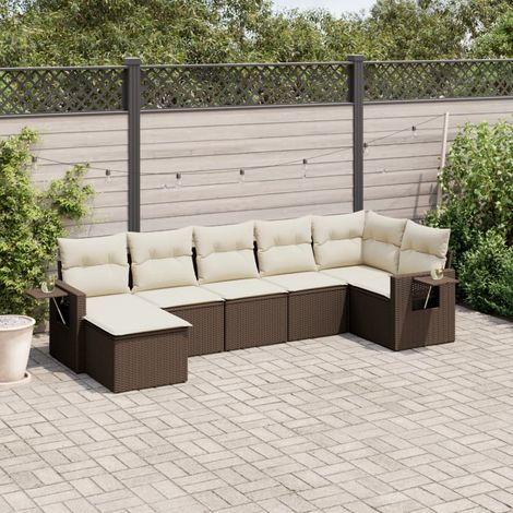 vidaXL 7-tlg. Garten-Sofagarnitur mit Kissen Braun Poly Rattan (1/3)