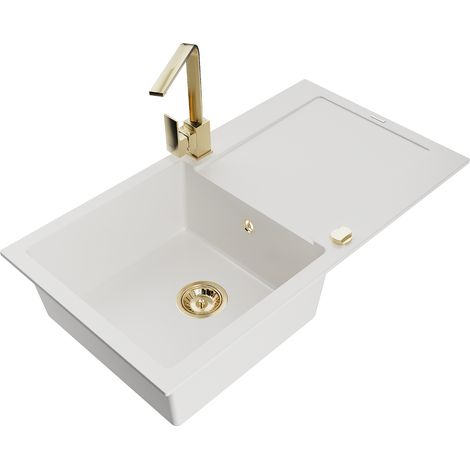 Mexen Leo lavello in granito a 1 vasca con scolapiatti e miscelatore cucina Rita, bianco - 6501-20-670300-50 (1/5)