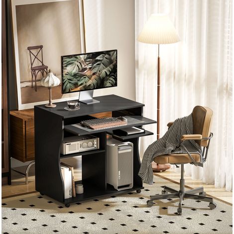 Bureau informatique à roulettes avec tablette clavier et étagères, noir 80 x 48 x 75 cm DESVIAE (1/5)