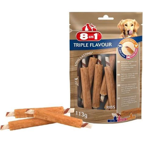 8in1 Triple Flavour Ribs a mâcher Premium aux Boeuf. Porc. Poulet - Pour chien de petite taille - 6 pieces (1/3)