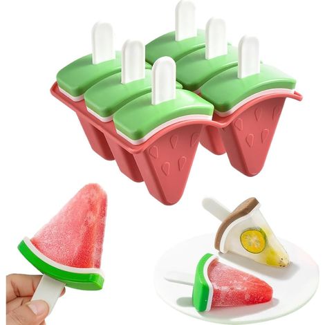 Moules à glace en silicone en forme de pastèque à 6 cavités - Moules à glace à faire soi-même avec bâtonnets pour des friandises glacées maison
