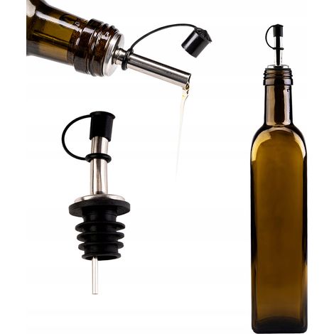 Set - 1 botella de aceite de oliva Marasca de 500 ml + 1 vertedor de vino metálico con tapón y tapón de goma (1/5)