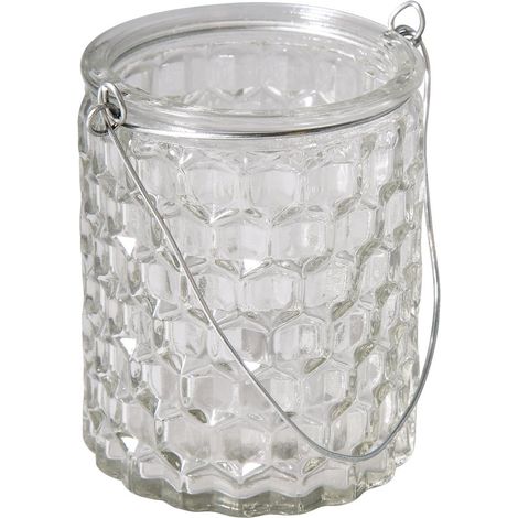 Photophore en verre à suspendre, blanc. 1 pce., relief à alvéoles, anse en métal, 7,5x7,5x9cm, ø col 6cm, 200ml, décoration, fête, porte bougie-56932000 (1/2)