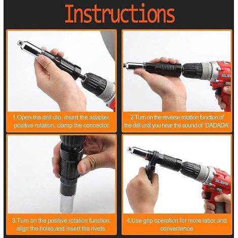 Drill Riveter Kit – Universal Adapter with Ergonomic Handle for Blind Rivets, 4 Pieces