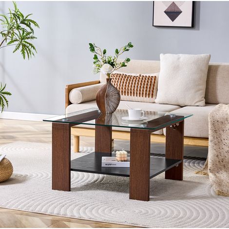 Table basse 65x41x45,5 cm MDF et verre couleur noyer, avec rangement pour petit salon – MEUBLIV (1/5)