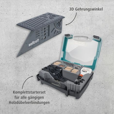wolfcraft I Projekt-Set „Dübelverbindungen“ I 8636000 I Komplettset für alle gängigen Holzdübelverbindungen, Starterset für den Möbelbau I Gehrungswinkel I Bohrschablone I Meisterdübler