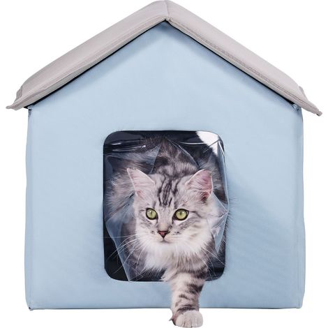 Maison chauffante pour chat, abri extérieur avec minuterie, tissu Oxford 600D, pliable, tapis chauffant inclus, hiver chaud et confortable, bleu (petite taille) (1/5)