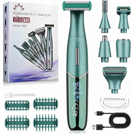 Rasoir Electrique Femme 6 en 1, Tondeuse Femme Intime, Tondeuse Bikini Femme Rechargeable USB, Epilateur Visage IPX5 Étanche, Humide et Sec pour Corps, Aisselles, Bikini, Sourcils Visage (1/5)