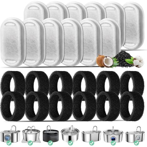 Filtre Fontaine Eau Chat, 12 pièces Filtres De Remplacement pour 3,2L/2L Fontaine à Eau pour Chat en Acier Inoxydable, 12 Filtres avec Charbon Actif et 12 Filtres en Mousse pour Fontaine pour Chat