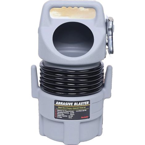 Sistema de chorro de arena, tolva con capacidad para 50 lb, manguera de 4,5 m de longitud, consumo de aire de 3,5 CFM, presión máxima de 120 PSI, construcción de metal y vidrio. (1/5)
