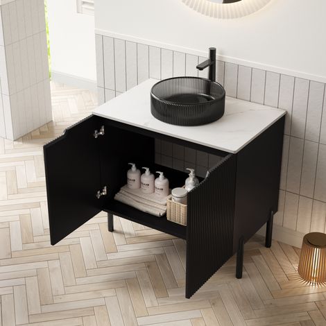 Meuble vasque 76x48x87 cm verre noir, pierre frittée blanche, double porte, salle de bains – MEUBLIV (1/5)