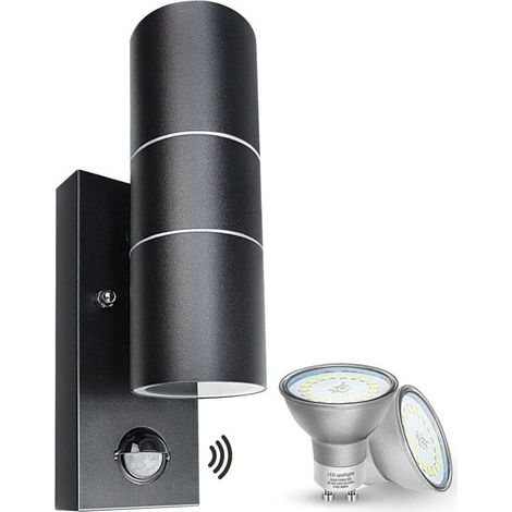 Applique Murale Exterieur/Intérieur, Détecteur de Mouvement Noir 5W,Luminaire Exterieur LED Moderne Up et Down 500lm Blanc Chaud 3000K IP44 Étanche Avec 2x GU10 Ampoules (1/4)