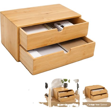 Organisateur de Bureau, Bambou, 2 Tiroirs, Forme Rectangulaire, Style Minimaliste, Montage sur Table (1/5)