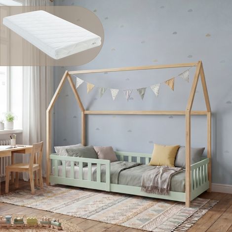 Hausbett Hesel mit Matratze und Rausfallschutz 90x200 cm Mintgrün/Natur [en.casa] (1/5)