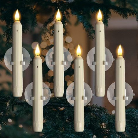 Lot de 6 bougies de fenêtre avec capteur crépusculaire - Bougeoirs à rayures ivoire avec ventouses, bougies coniques LED sans flamme à piles pour Noël (1/5)
