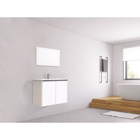 Ondee – Meuble à suspendre IVAN S+ 80cm – 2 portes à fermeture progressive – Plan céramique vasque simple 20mm – Blanc mélaminé (1/4)