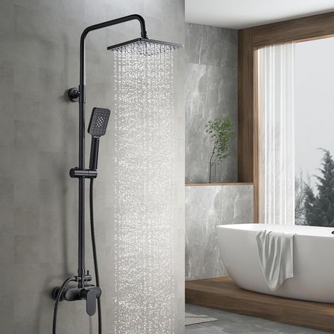 Colonne de Douche Noir avec Mitigeur Monocommande, Hauteur Réglable Ensemble de Douche avec Douchette, Pommeau de Douche et Barre de Douche, Systeme de Douche Pluie pour Salle de Bain (1/5)