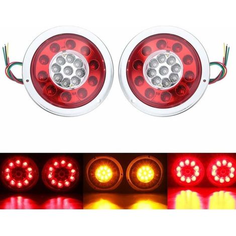 Lot de 2 feux arrière ronds à 19 LED - Ambre rouge - Pour camion, remorque, camion - Clignotant - 10-30 V - Argenté-LIAIKI (1/5)