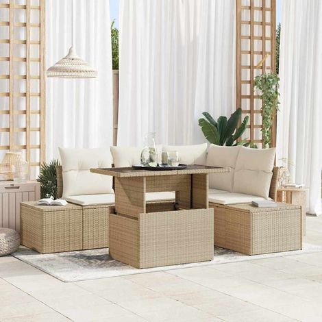 Ensemble Canapé de Jardin Modulable 5 Pcs Polyrotin Beige et Crème Table Réglable - PANGIVO (1/5)