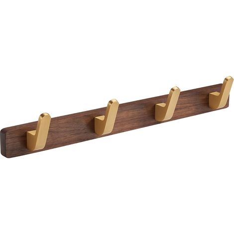 Ganchos de pared con 4 ganchos, base de madera de nogal dorado, aleación de zinc, curvados, atornillables. (1/5)
