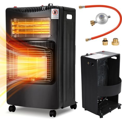Randaco Poêle gaz électrique pliable, 3 puissances gaz et 3 tubes quartz, noir, 4 roulettes, 2 adaptateurs UE (1/5)