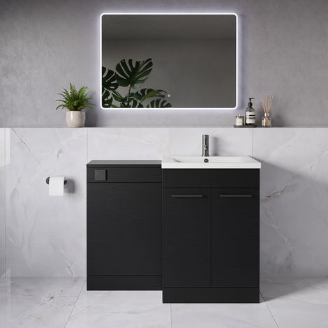 Napoli 460 Nero Oak 1100mm 2 Door Vanity Unit Toilet Suite with Glide Basin - 1100mm - Gunmetal Grey 160mm HandleWithout Kingston Toilet Pan