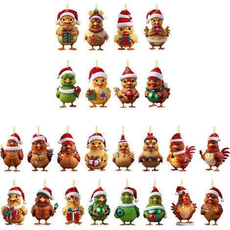 Lindo calendario de adviento navideño de pollitos, 24 piezas, adornos colgantes planos de acrílico 2D para árbol de Navidad. (1/4)