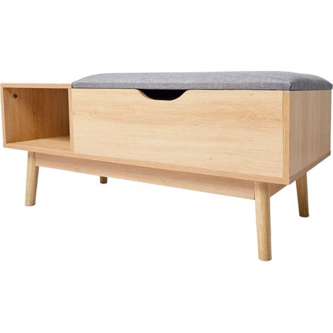 Banc entrée 1 tiroir et 1 casier en bois et assise polyester gris 100x40x45cm (1/3)