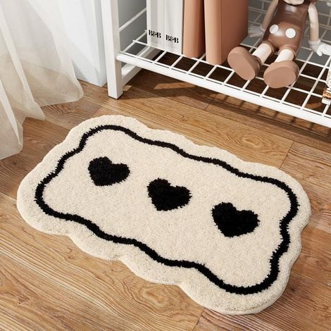 Tapis de salle de bain en forme de cœur noir et blanc - Tapis de porte d'entrée antidérapant absorbant - Lavable en machine (1/4)