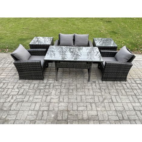 Fimous PE Wicker Outdoor Garden Furniture Set Patio Furniture Rattan Rectangular Dining Table Lounge Sofa with 2 Side Tables (1/5)