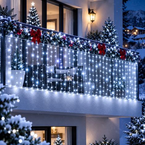 Tenda Luminosa LED a Cascata Lineare 500 LED 7,40x1 Metro Luce Bianco Freddo per Esterno Interno IP44 con 13 Giochi Luce Timer Cavo Bianco (1/4)
