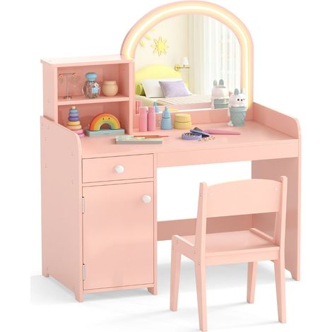 Toeletta e sedia per bambini 80 x 41 x 94 cm illuminazione LED regolabile ampio spazio di archiviazione rosa e bianco 200020963