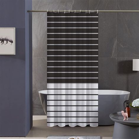 Speziell für Wohnmobile entwickelter, schwarz-weiß gestreifter Duschvorhang, 91,4 cm x 182,9 cm, wasserdichtes Material, moderner Landhausstil, mit Haken.
