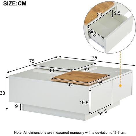 Mesa de centro cuadrada 75x75x33 cm blanco brillo, 4 cajones ocultos, tapa corredera, MEUBLIV (1/5)