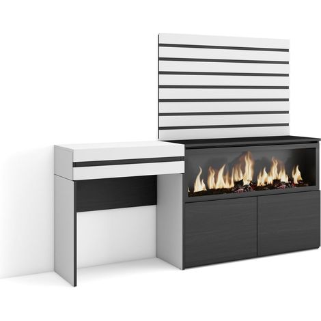 Skraut Home - Tocador, Dormitorio habitación, 177x145x35 cm, Con cajón, Chimenea eléctrica XXL, Listones Decorativos, Estilo Moderno, Blanco (1/5)