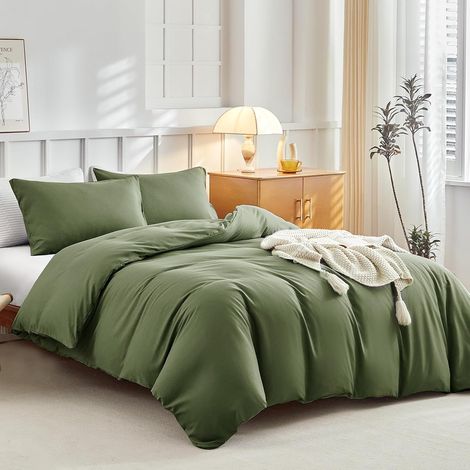 Housse de Couette 220x240 avec 2 Taies d'oreiller 65x65 cm - Vert Olive - Parure de Lit 220x240 Adulte en 100% Microfibre - 3 Pièces - Housse Couette avec Fermetures éclair (1/5)