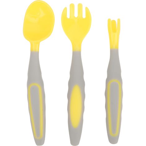 Ensemble de 3 couverts portables pour enfants (cuillère et fourchette) - Antidérapants - Jaune (1/5)