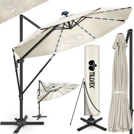 tillvex Parasol haut de gamme en aluminium beige 330 cm + housse et pare-vent  Parasol déporté 6 positions avec manivelle  Parasol de jardin pivotant et inclinable à 360°  Grand parasol à manivelle, p