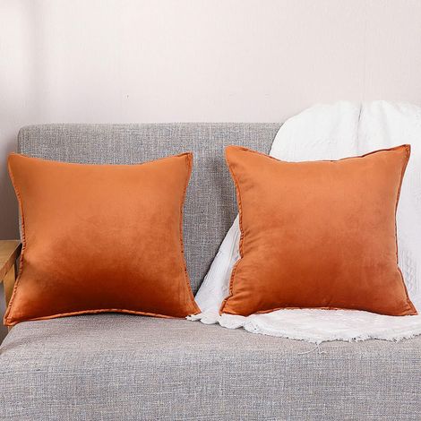 Filiyano – oreiller décoratives en velours – Lot de 2 taies d'oreiller décoratives en velours 45x45, coussin orange pour canapé et lit, taie (1/4)